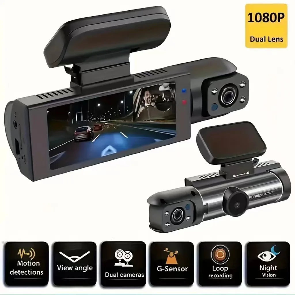 Caméra de voiture dual objectif 1080P noire avec diverses fonctionnalités.