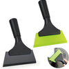 A black squeegee with a bright lime green rubber blade is shown in various angles.