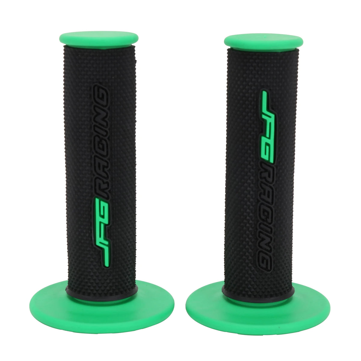 A pair of black and neon green motorcycle handlebar grips for dirt bikes.