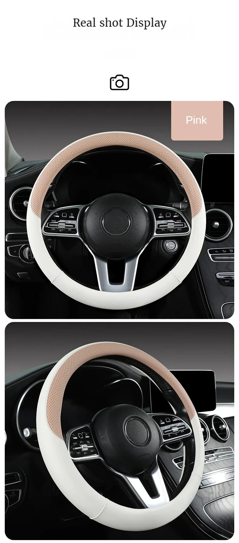 Pink perforated Nappa leather steering wheel cover shown in a car interior display.