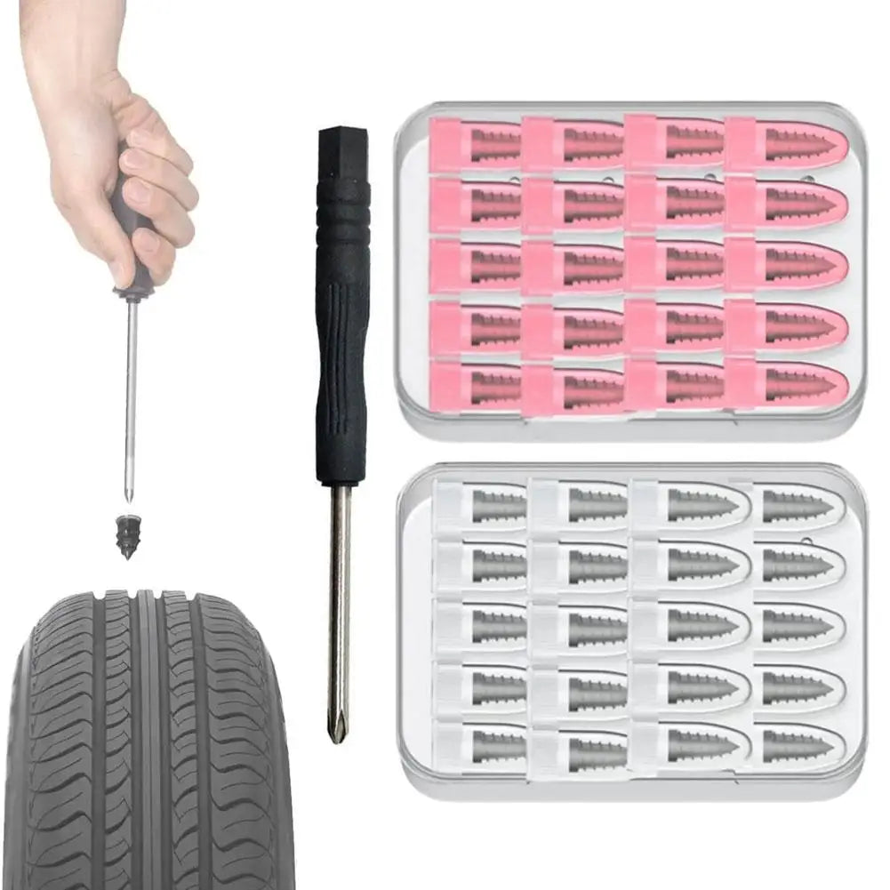 A set of car tyre puncture repair kits including a hand tool and two plastic cases filled with tyre repair needles.
