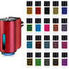 A collection of portable car air fresheners in various scents and colors displayed next to a red electronic diffuser.