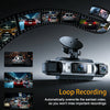 A silver dash camera with a lens is shown alongside various driving scenes and a text overlay about loop recording.