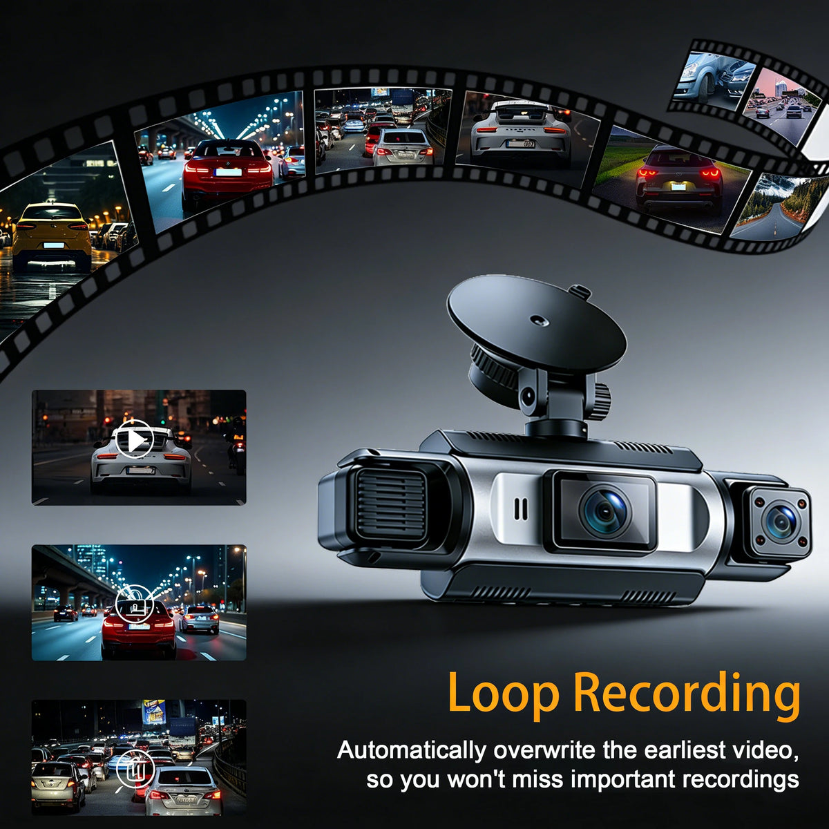 A silver dash camera with a lens is shown alongside various driving scenes and a text overlay about loop recording.
