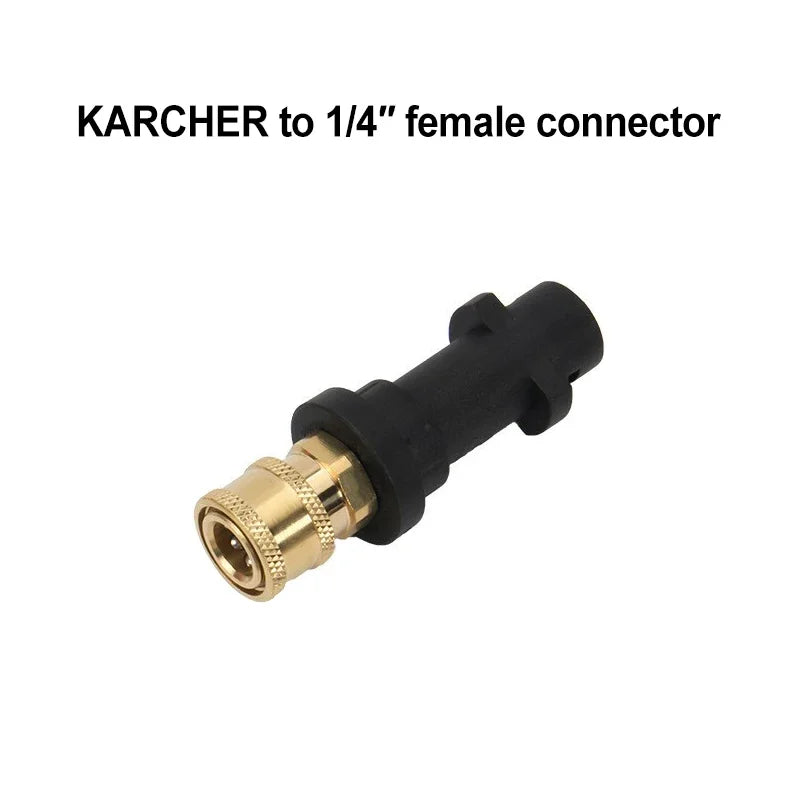 KARCHER to 1/4" female connector, a black and brass fitting for connecting equipment.