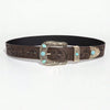 A dark brown vintage western belt with silver accents and turquoise stones.