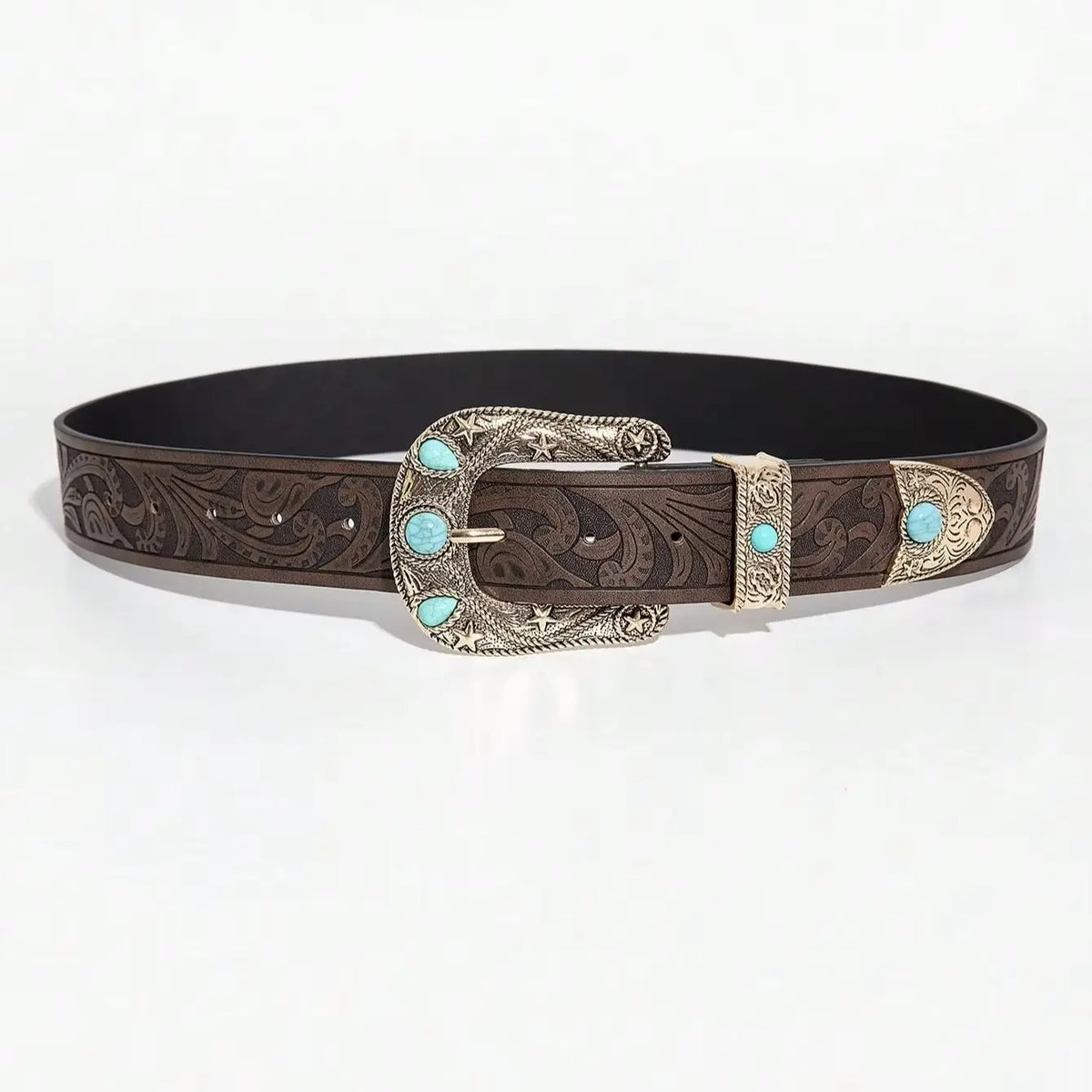 A dark brown vintage western belt with silver accents and turquoise stones.