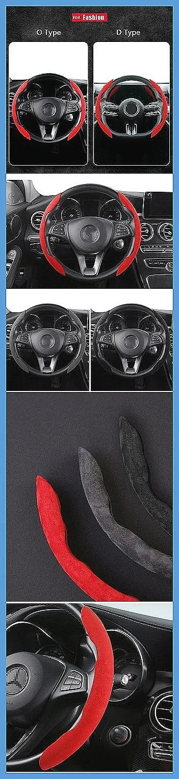 Various black and red suede steering wheel covers for Mercedes-Benz vehicles shown in different types and angles.