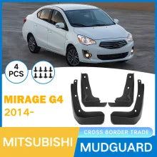 Set of durable front and rear mudflaps for a Mitsubishi Mirage G4 vehicle.