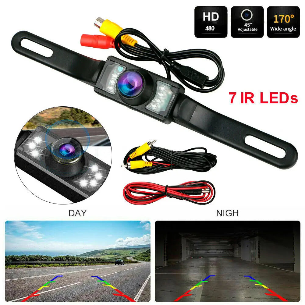 A black HD wired backup camera with 7 IR LEDs is shown, demonstrating day and night vision capabilities.