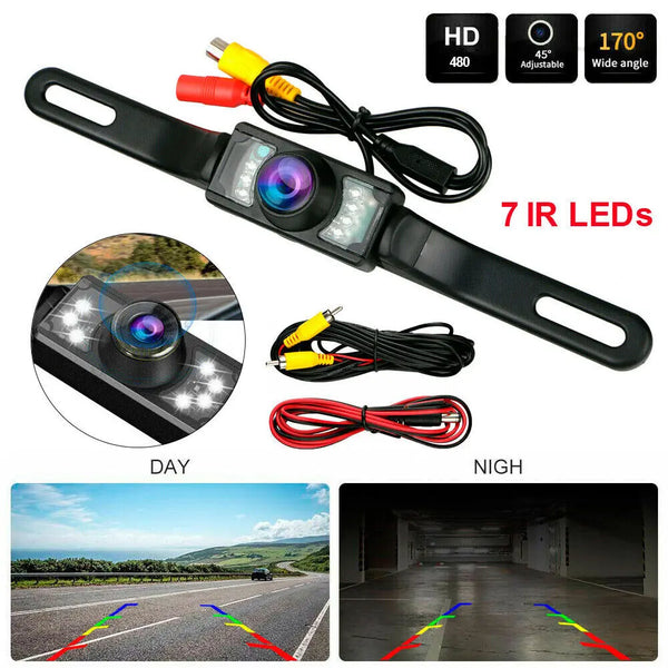 A black HD wired backup camera with 7 IR LEDs is shown, demonstrating day and night vision capabilities.