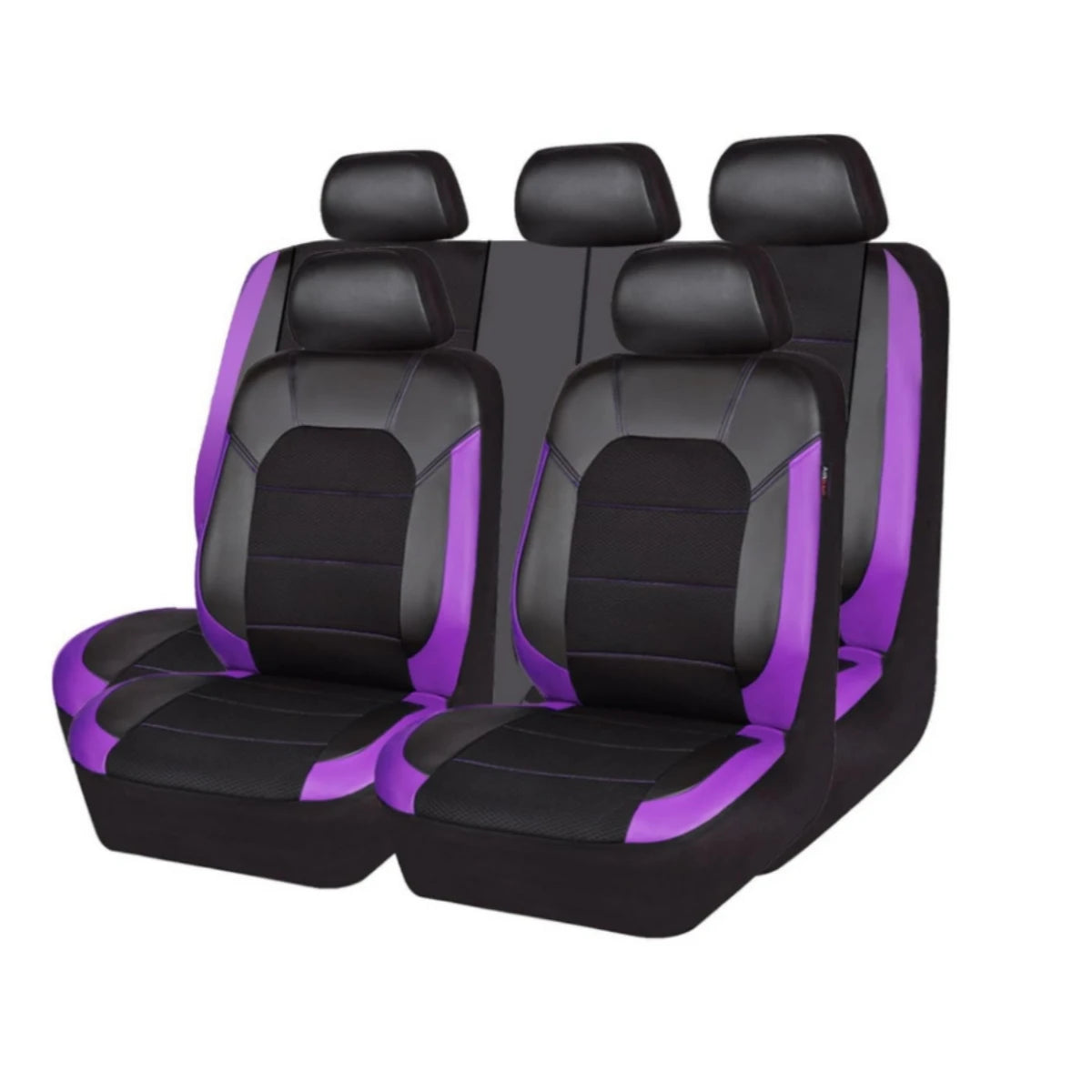 Nine-piece PU leather breathable car seat covers for SUV and sedan shown in black and purple.