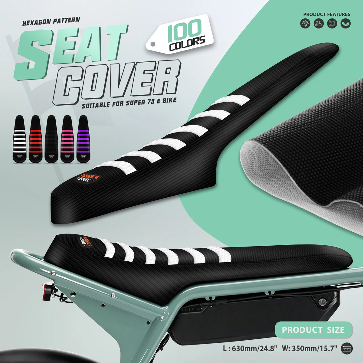 A black ribbed gripper seat cover for a Super 73 e-bike shown on a bike frame.