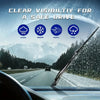 A close-up view of a car windshield with water droplets, featuring text about clear visibility for a safe drive.