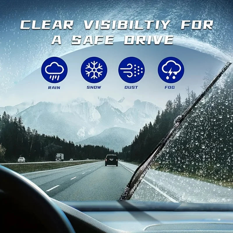 A close-up view of a car windshield with water droplets, featuring text about clear visibility for a safe drive.