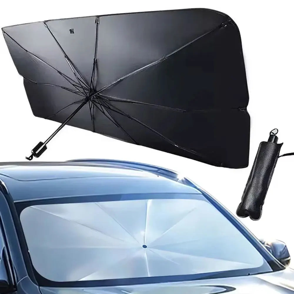 A black portable car sun shade umbrella is shown angled over a blue car's windshield.