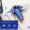A blue cordless vacuum cleaner is shown with charging options for car, socket, and treasure.