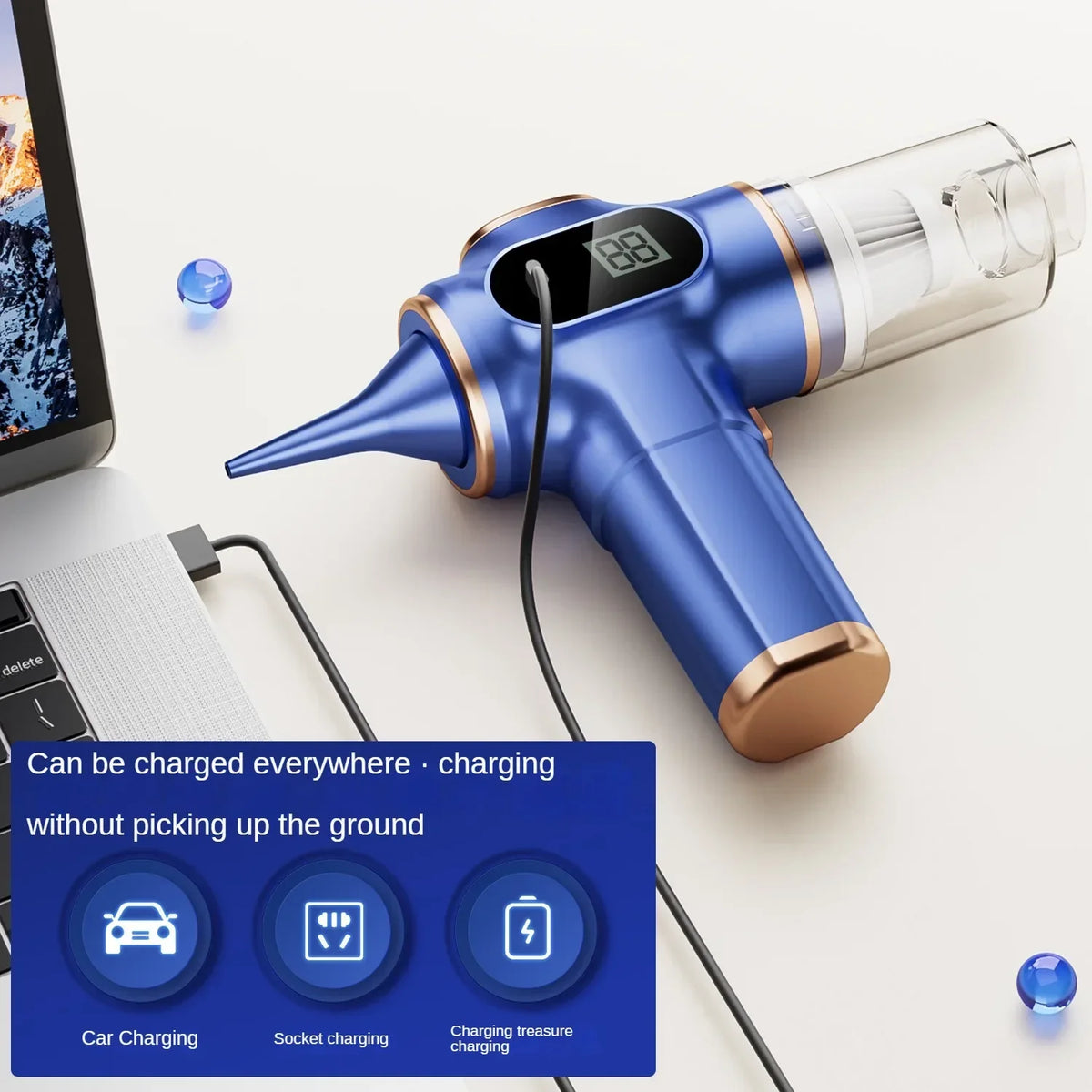 A blue cordless vacuum cleaner is shown with charging options for car, socket, and treasure.