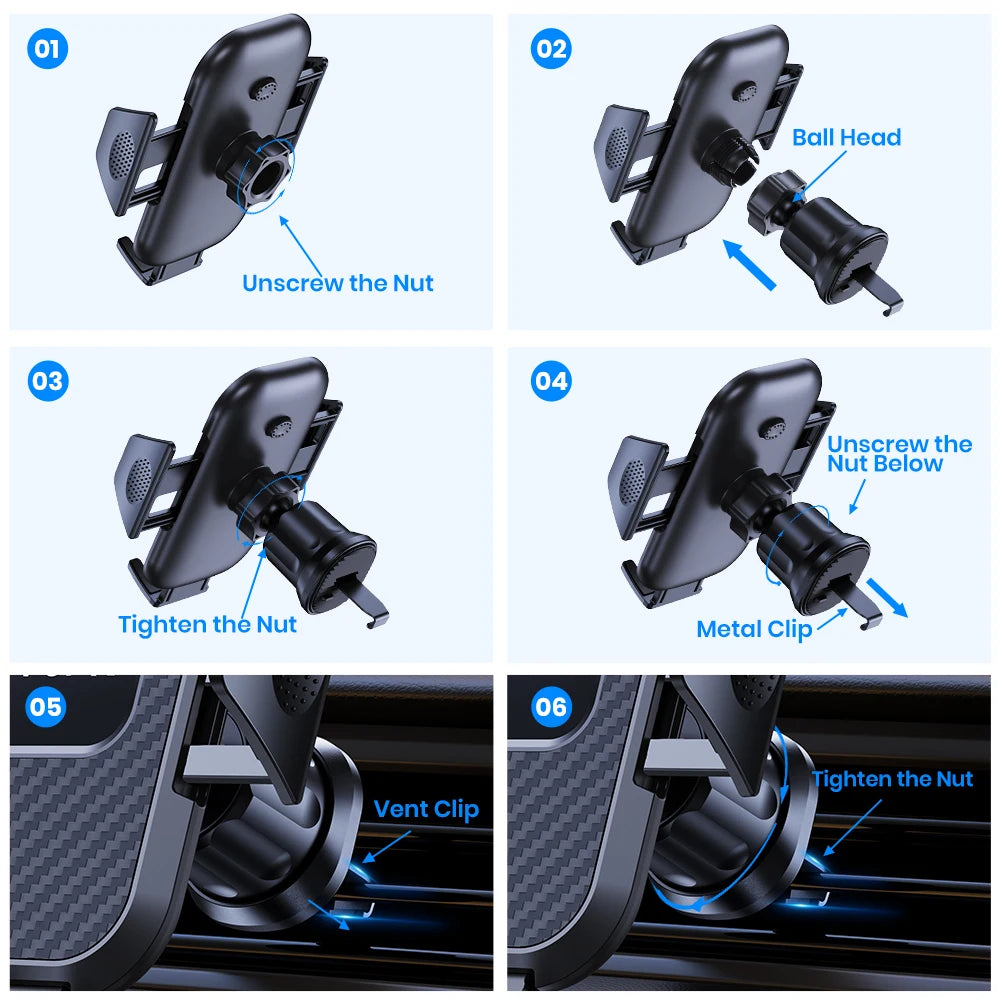 Step-by-step guide showing how to install and tighten the nut on a 360° rotating car air vent phone holder.