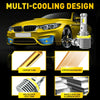 Caractéristique de refroidissement multiple sur un phare BMW jaune, montrant des composants en cuivre et un corps en aluminiu