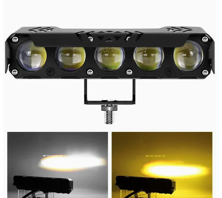 A black off-road spotlight headlight assembly with multiple LED lenses and a mounting bracket.