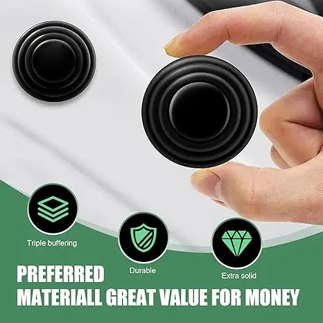 A hand is pressing a black silicone shock absorber pad onto a white surface, demonstrating the product's durability and cushi
