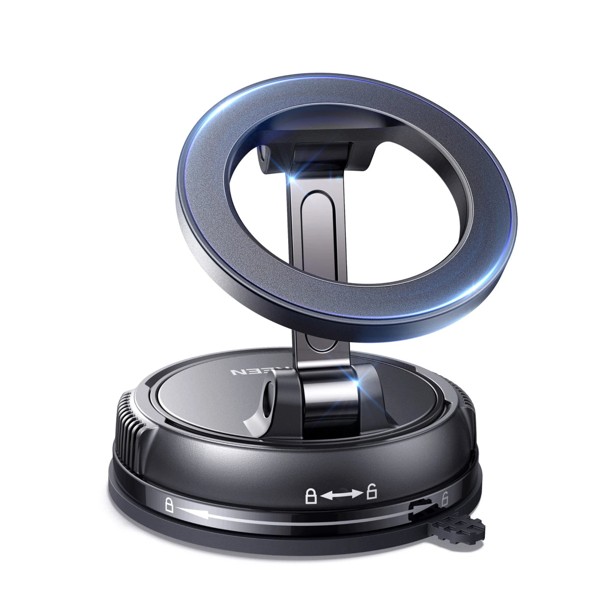 A black magnetic car phone mount with a circular ring and suction base is shown.
