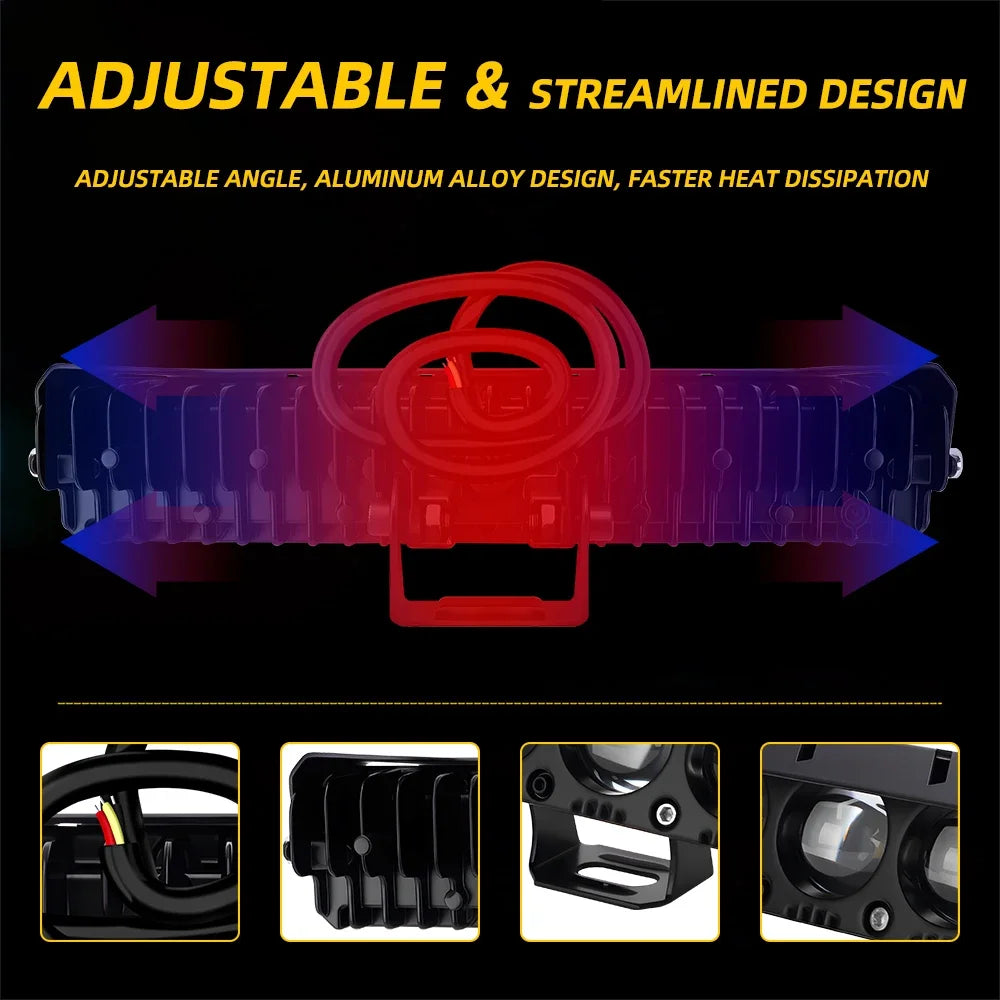 Adjustable and streamlined aluminum alloy spotlight headlight design with multiple views.