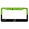 A rectangular aluminum license plate frame with a green, textured border and a black background.