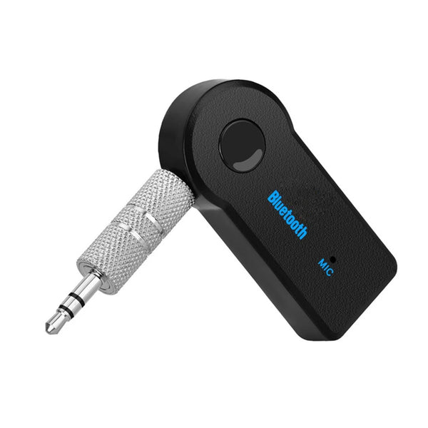 Black Bluetooth audio adapter with a silver connector and an indicator light.