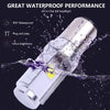 A silver LED headlight bulb is shown being tested for waterproof performance, with water splashing around it.