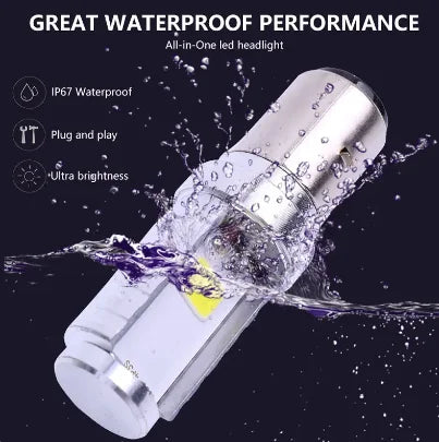 A silver LED headlight bulb is shown being tested for waterproof performance, with water splashing around it.
