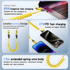 A yellow spring charging cable is shown with various power outputs and designs for laptops and phones.