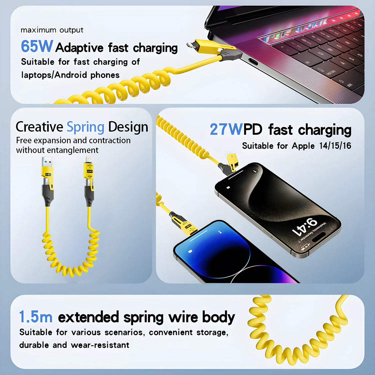 A yellow spring charging cable is shown with various power outputs and designs for laptops and phones.