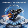 A black dual-port USB-C car charger is shown charging two devices simultaneously on a secure platform.