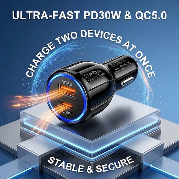 A black dual-port USB-C car charger is shown charging two devices simultaneously on a secure platform.