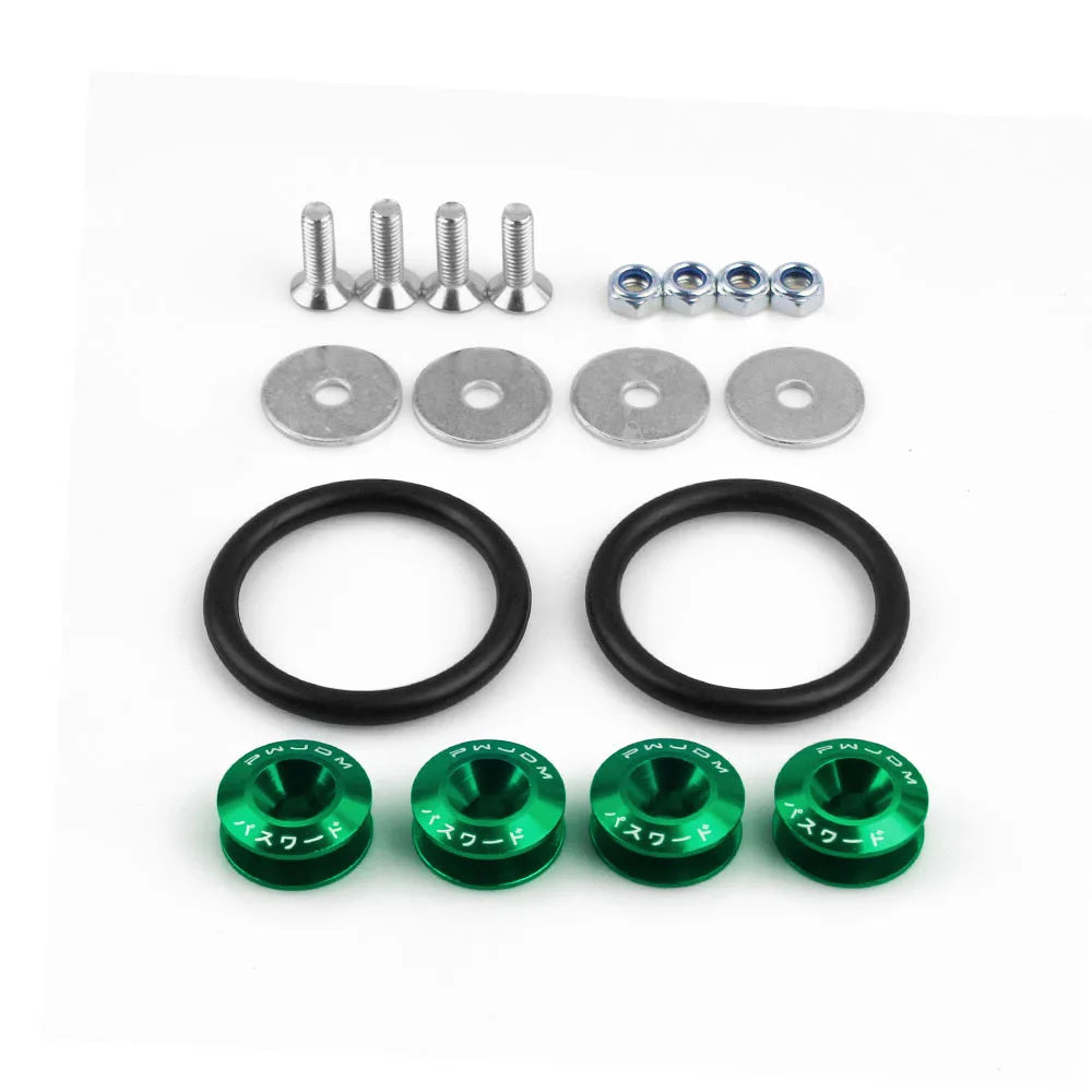 Set of aluminum quick release fasteners for bumpers, trunk, and hatch lids