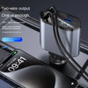 A silver retractable car charger with dual USB ports is shown next to a smartphone.
