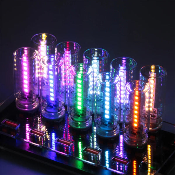 A row of glass tubes filled with colorful LED lights, used as ambient night lights.