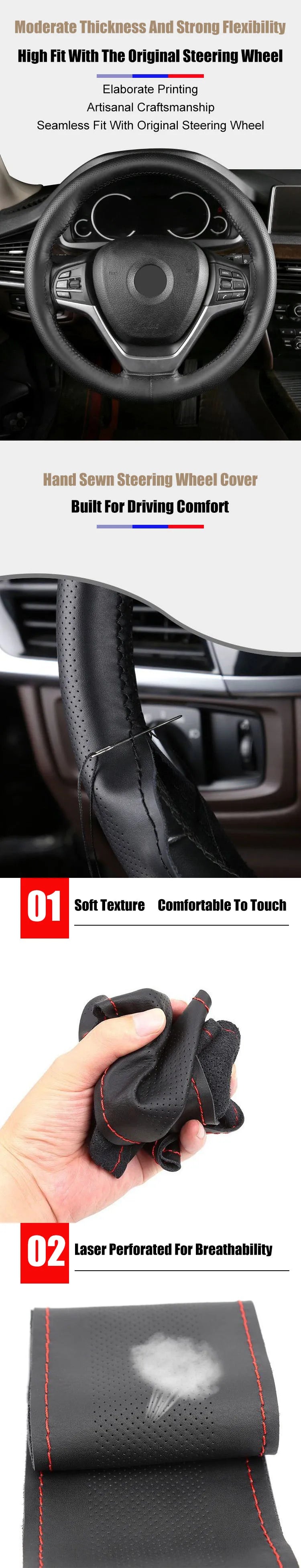 A close-up of a black faux leather steering wheel cover being held in a hand, showing its texture and stitching.