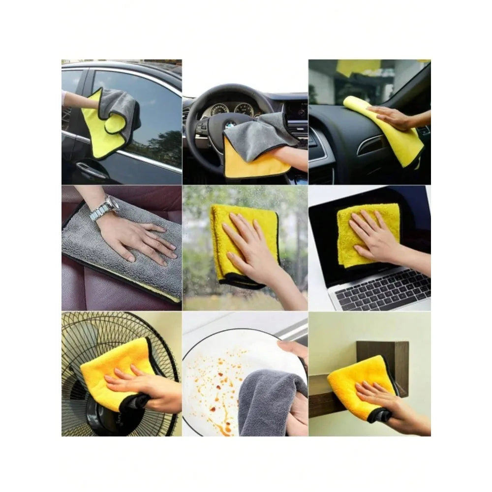 A set of yellow and gray microfiber towels being used to clean a car interior.