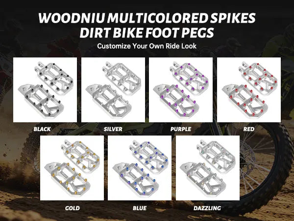 Verschiedene mehrfarbige Spikes für Dirtbike-Fußpegs, darunter Schwarz, Silber, Lila, Rot, Gold, Blau und funkelnde Optionen.