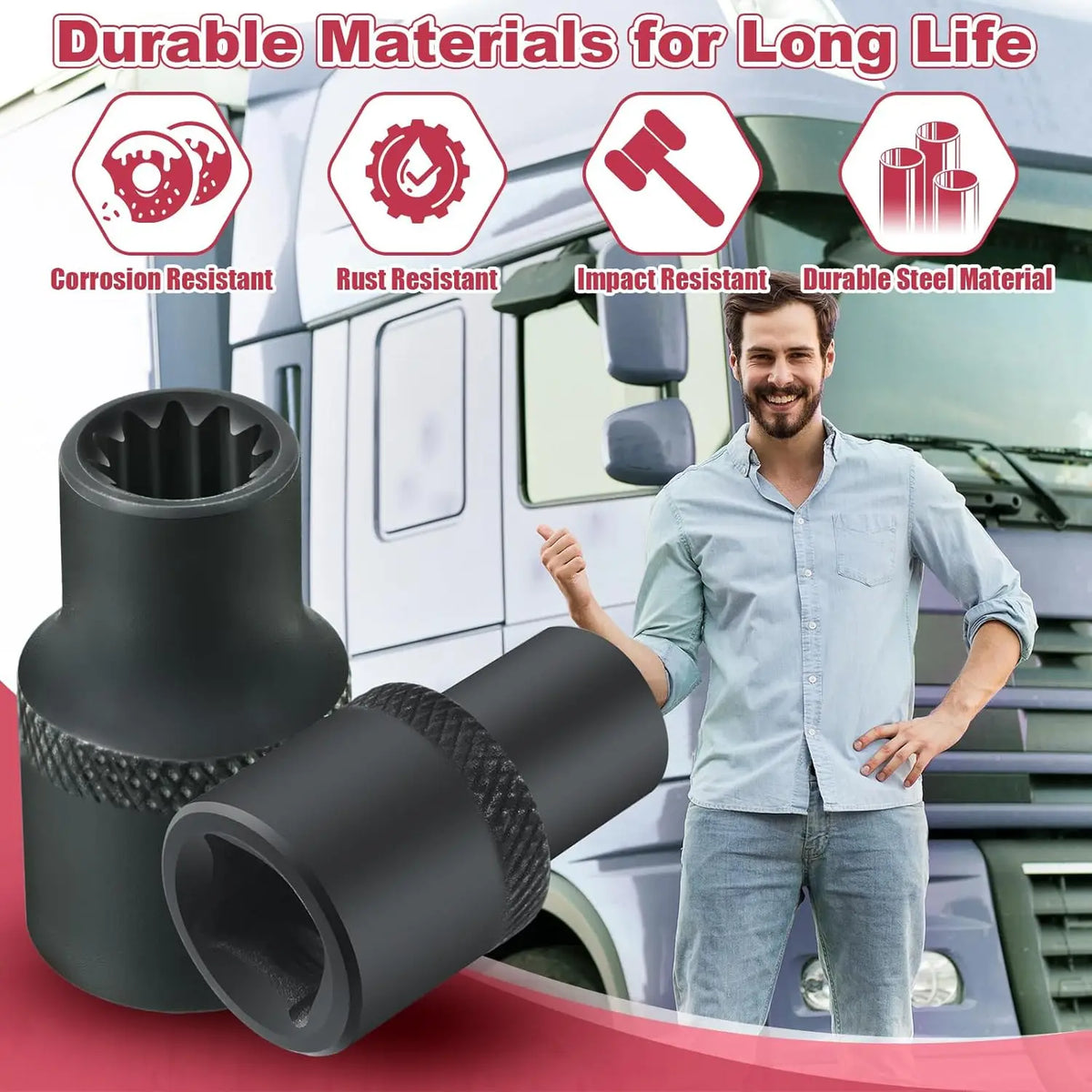 A black 11-point brake caliper socket is shown next to a man, with icons highlighting its durability and rust resistance.