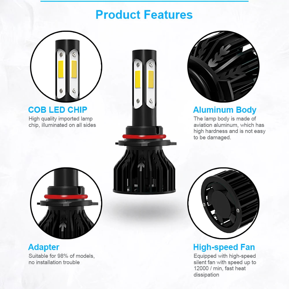 A set of high-performance car LED bulbs featuring an aluminum body, adapter, and high-speed fan.