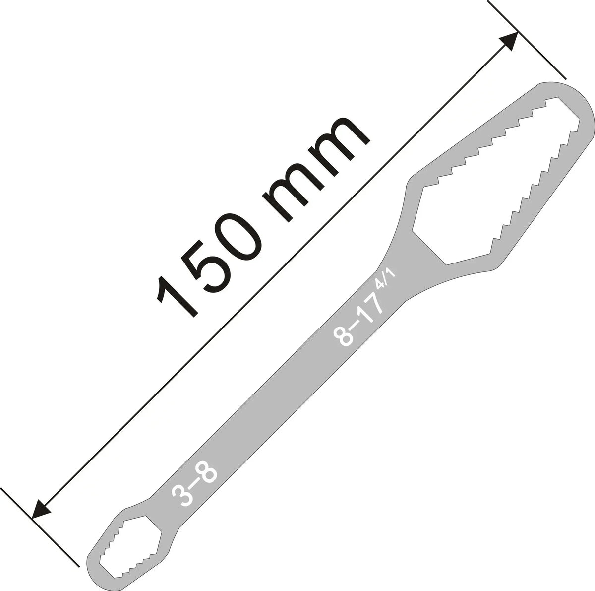 A gray universal adjustable Torx wrench set showing various sizes and a 150 mm length measurement.