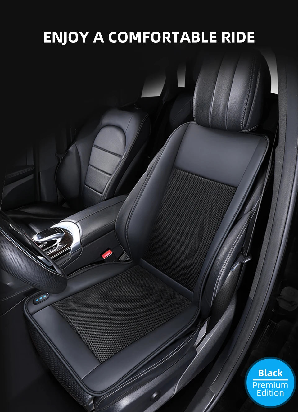 A black leather car seat cushion is shown inside a vehicle, emphasizing comfort for a ride.