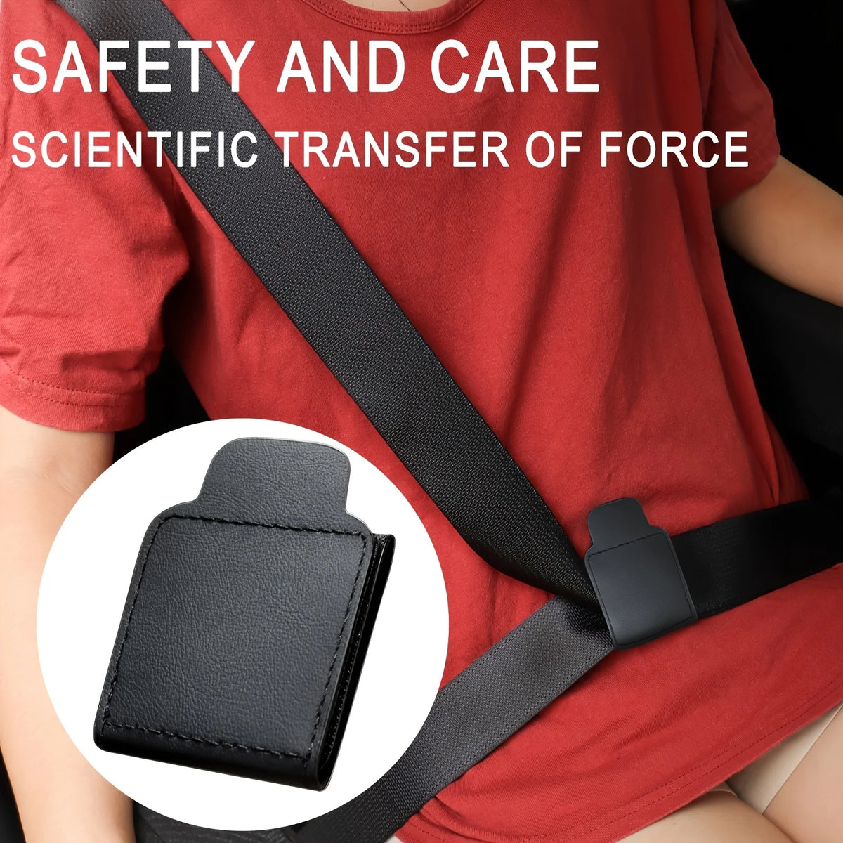 A close-up view of a black PU leather car seat belt adjuster strap on a red shirt.