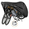 Black all-weather bicycle cover shown open, displaying the frame and wheels with a visible lock hole.