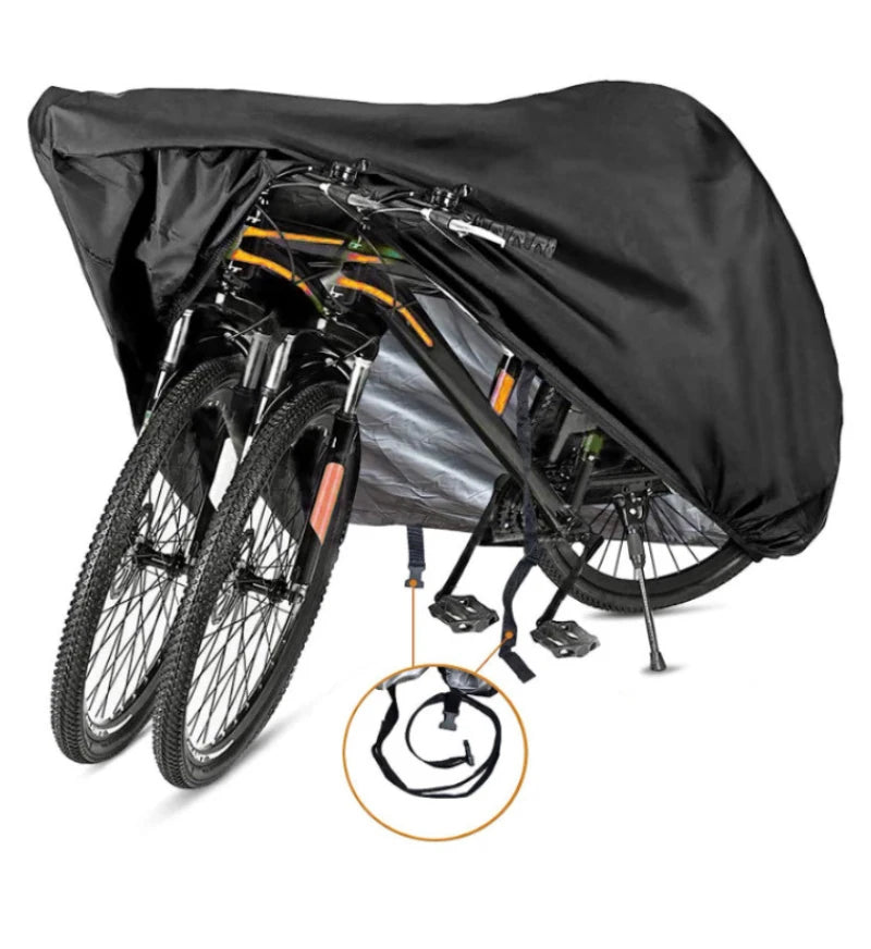 Black all-weather bicycle cover shown open, displaying the frame and wheels with a visible lock hole.
