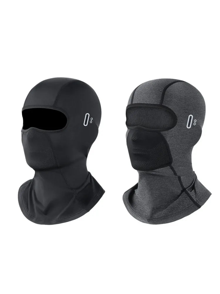A pair of black and gray multi-functional balaclavas shown from the front.